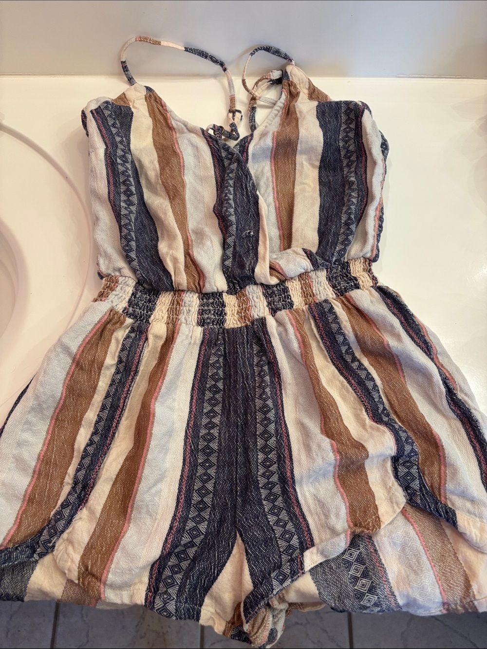 O'Neill Striped Sleeveless Romper - Cream, Brown & Navy